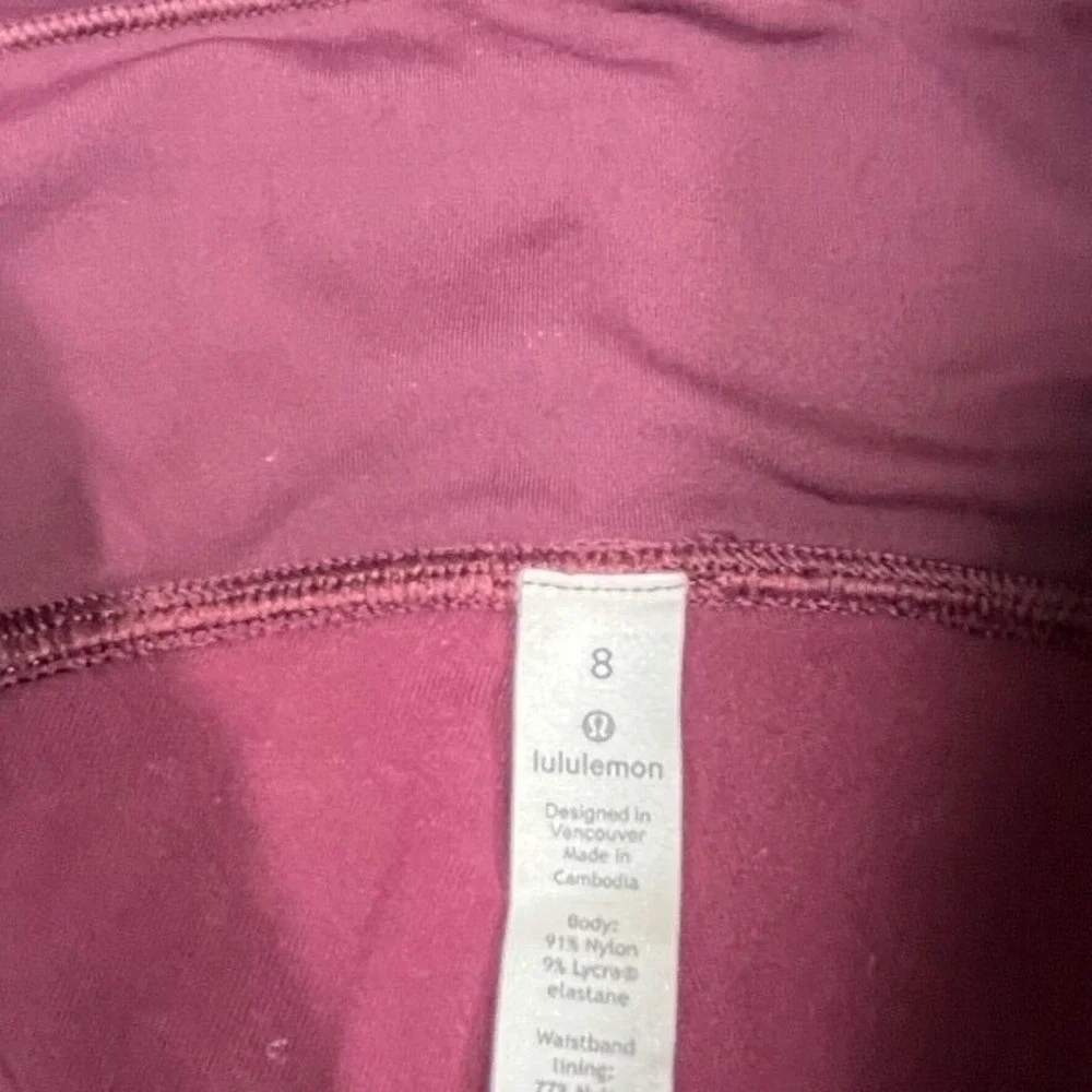 Lululemon Bordeux Ready to Rule Tight Leggins Nylon/Lycra High Rise Size 8